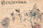 Ak Handgemalt Tiere Humor Gemsenjagd Biene und Frösche in den Felsen 1899